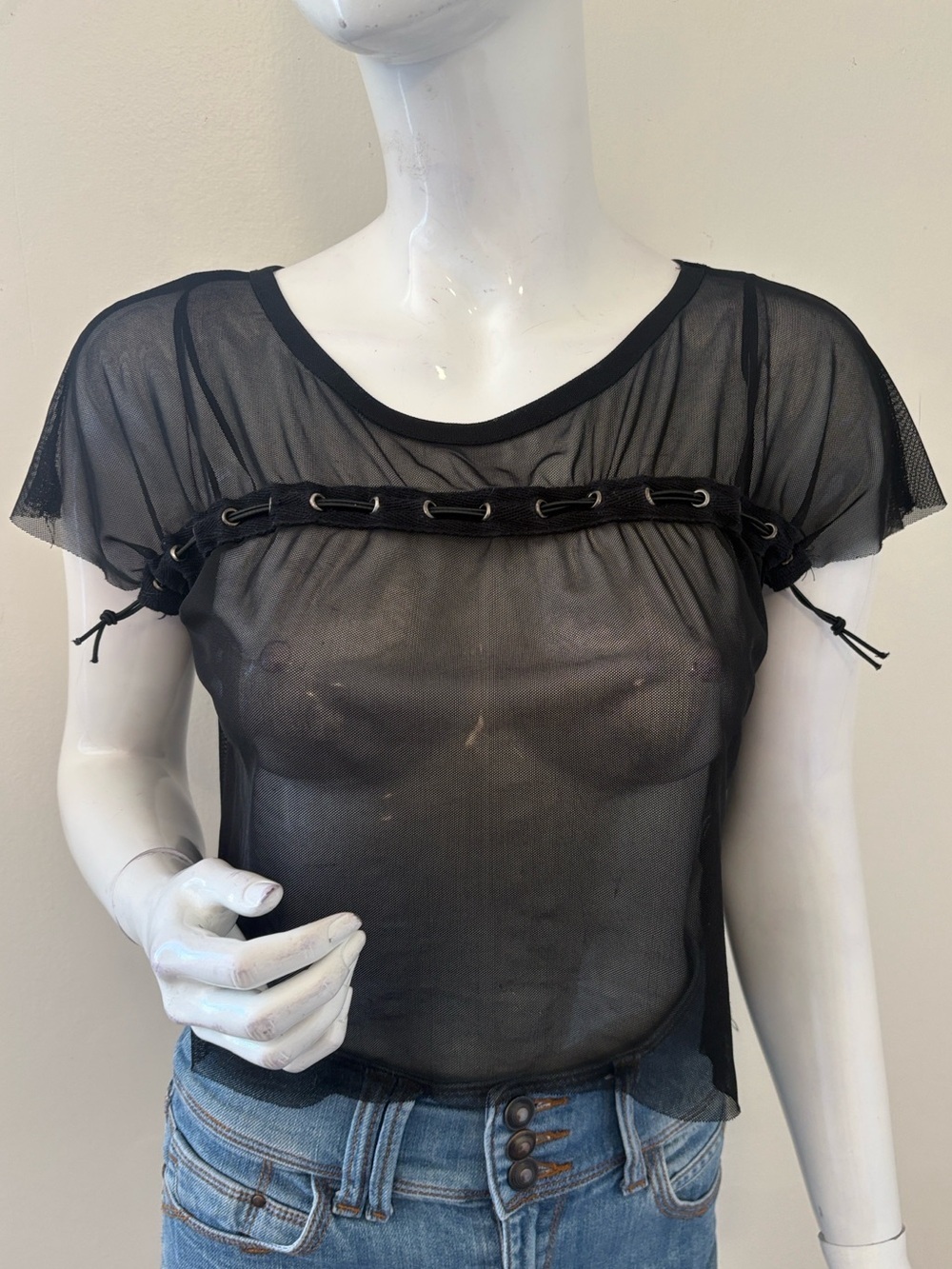 Vintage Y2K Blind Date Casual Sheer Black Short Sleeve Top w Bungee Lace-ups
